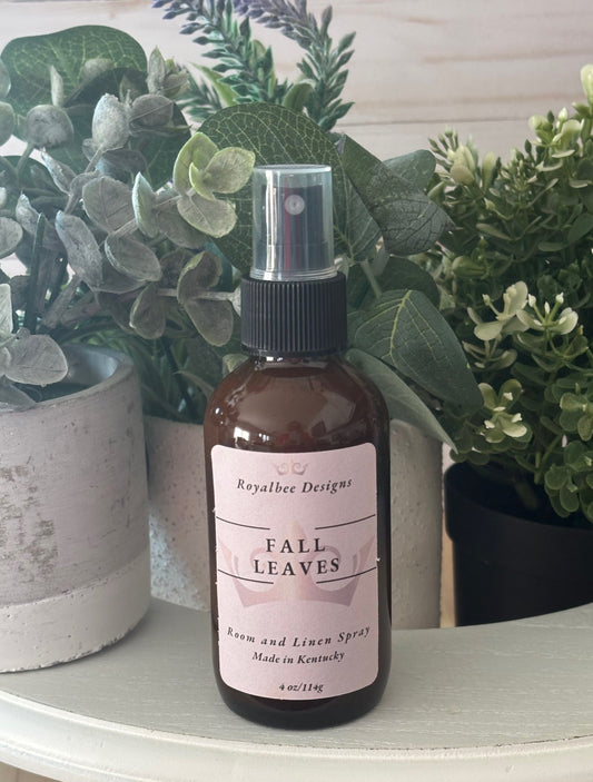 Bottle of 'Fall Leaves' room and linen spray sold by Royalbee Designs