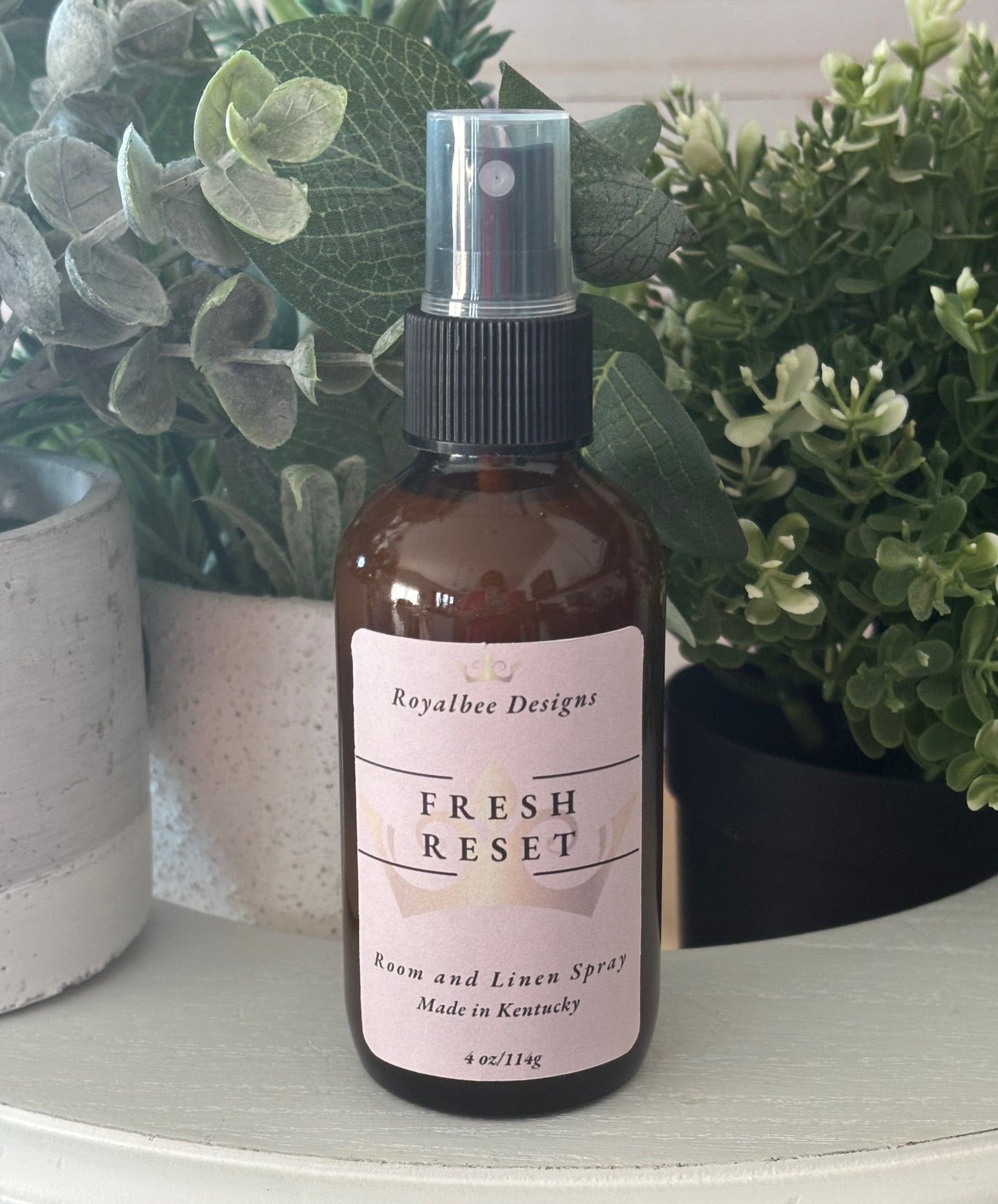 Bottle of 'Fresh Reset' room and linen spray sold by Royalbee Designs