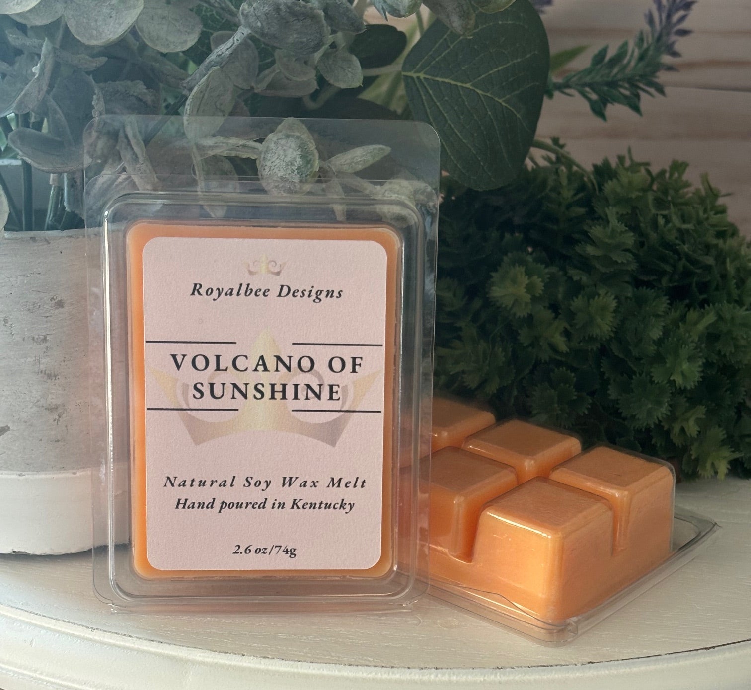 Wax melt packaging labeled 'Volcano of Sunshine' sold by Royalbee Designs