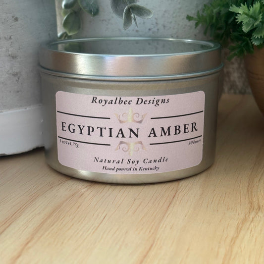 Candle tin labeled 'Egyptian Amber' by Royalbee Designs 