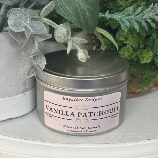 Vanilla patchouli candle in a tin sold by Royalbee Designs