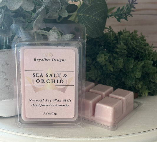 Wax melt labeled 'Sea Salt and Orchid' sold by Royalbee Designs