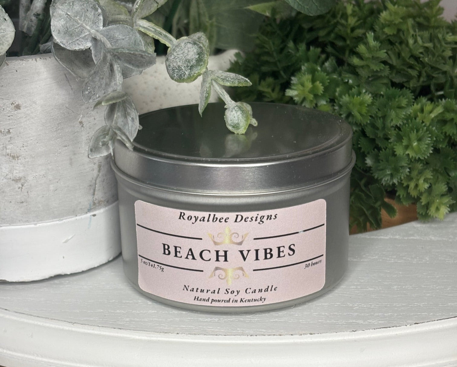 Candle jar labeled 'Beach Vibes' sold by Royalbee De