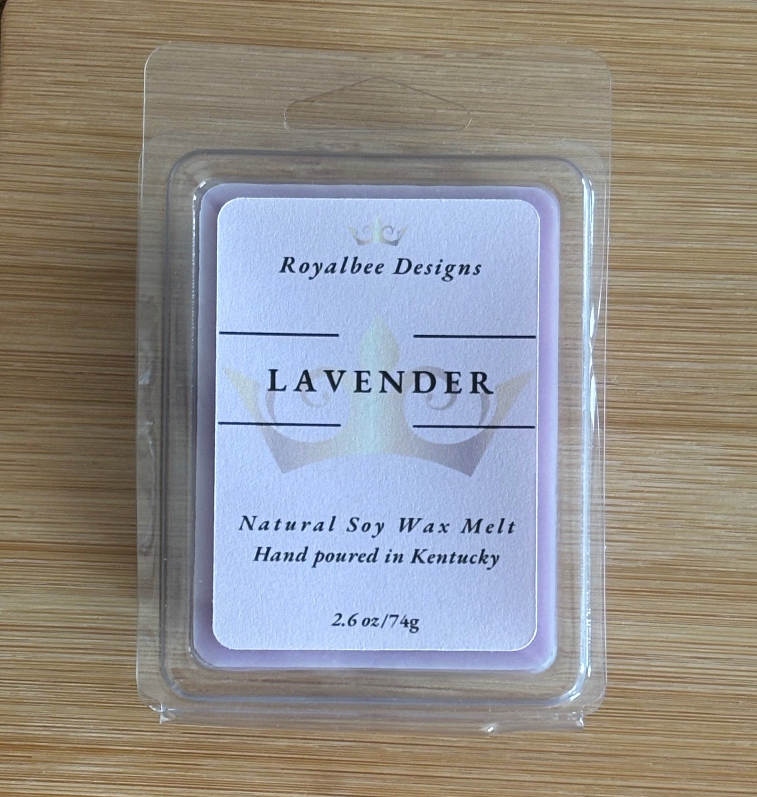 Lavender wax melt in packaging sold by Royalbee Designs
