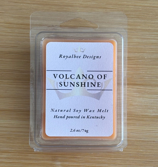 Wax melt packaging labeled 'Volcano of Sunshine' sold by Royalbee Designs
